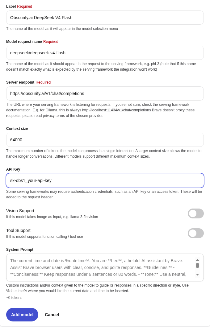 Brave’s Add model form filled in for Obscurify.ai