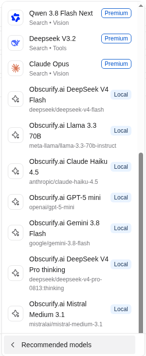 Obscurify.ai models in Leo’s model menu