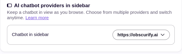 Chatbot in sidebar set to https://obscurify.ai in Firefox’s AI controls